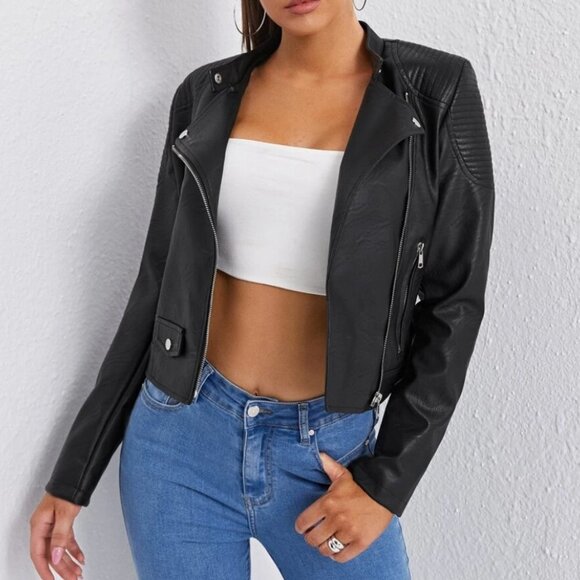 Vegan Leather Minimalist Moto Jacket Black - Picture 1 of 16